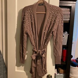 Vici Brown Pearl Embellished Cardigan